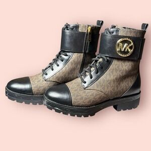 Michael Kors Monogram Combat Boots Womens 5.5M Brown Black Logo Lace Up Zip MK‎